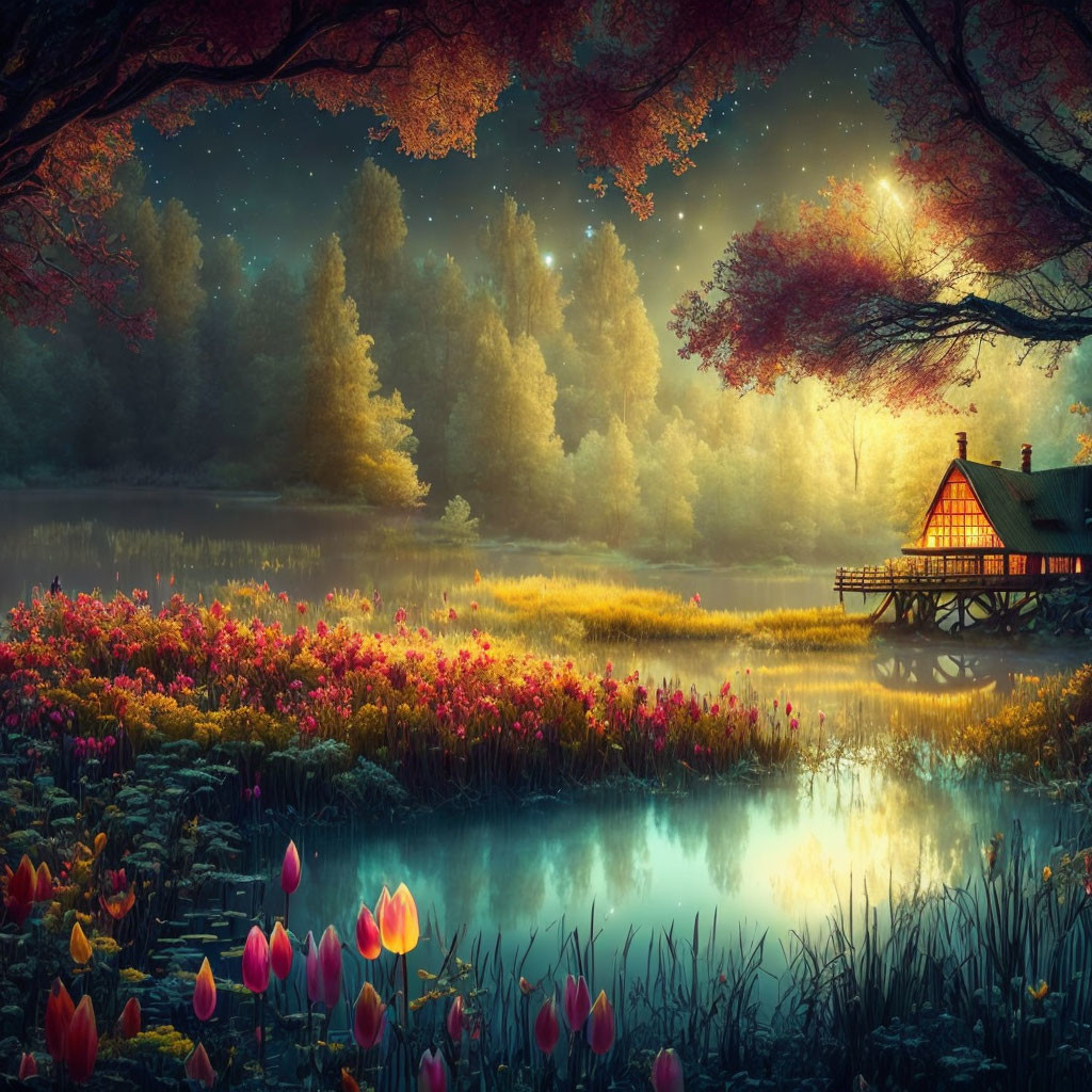 Tranquil wooden cabin by lake with vibrant flowers and autumn trees