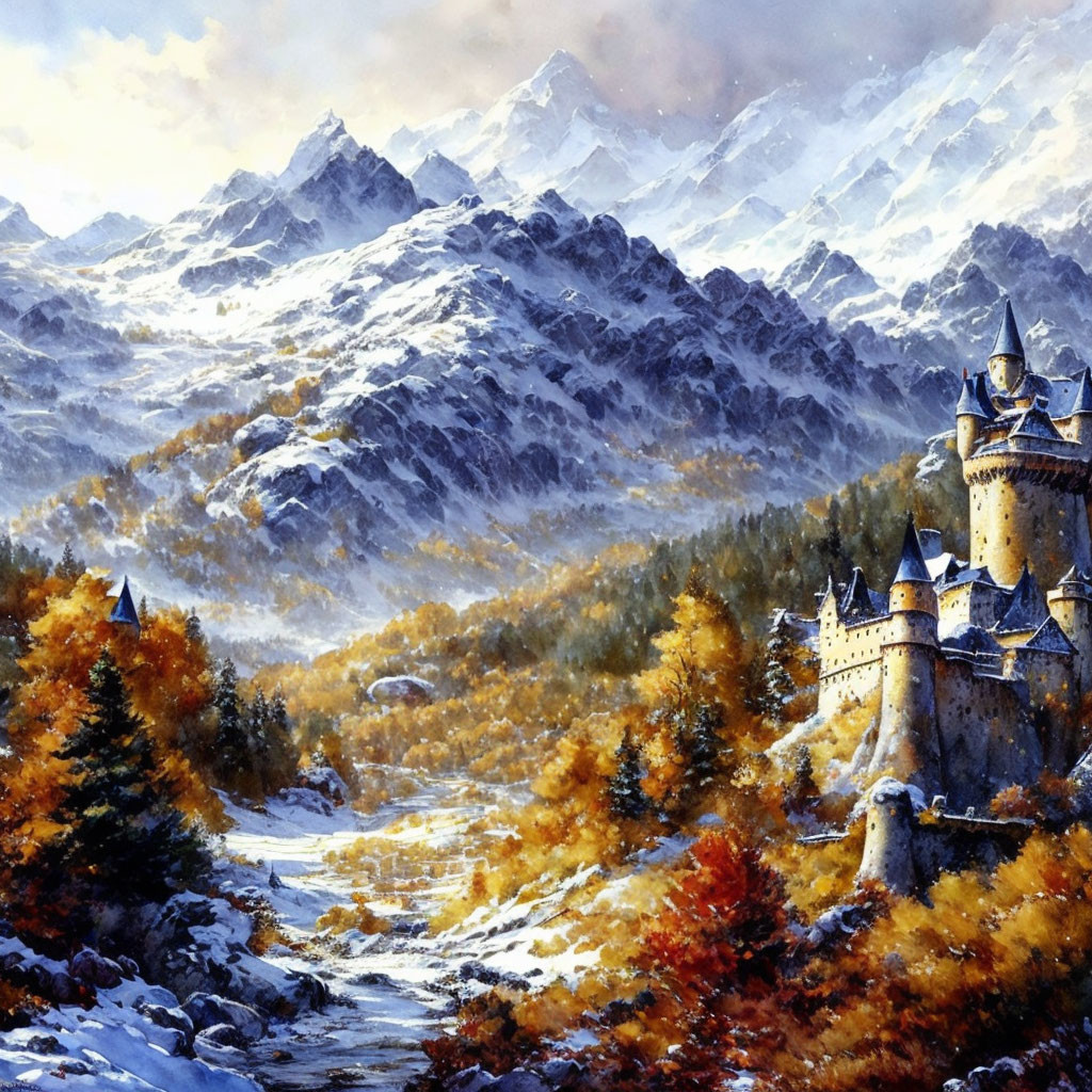 Majestic castle in snowy mountains with autumnal trees and bright sky