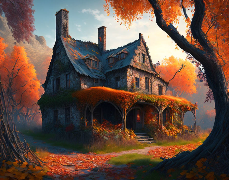 Enchanting Stone House Surrounded by Autumn Trees