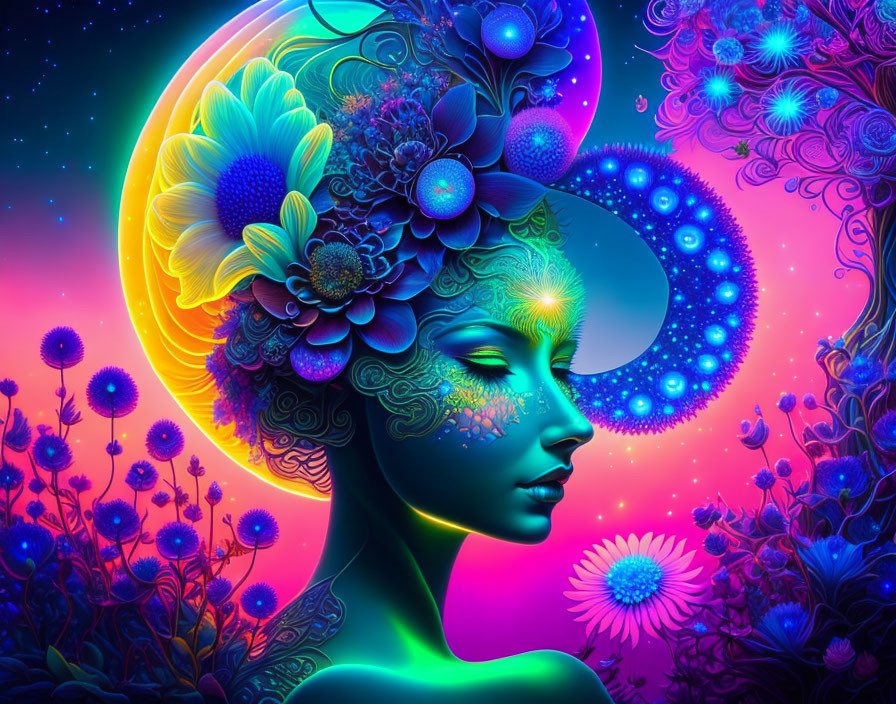 Colorful woman portrait with floral and celestial motifs on dark background