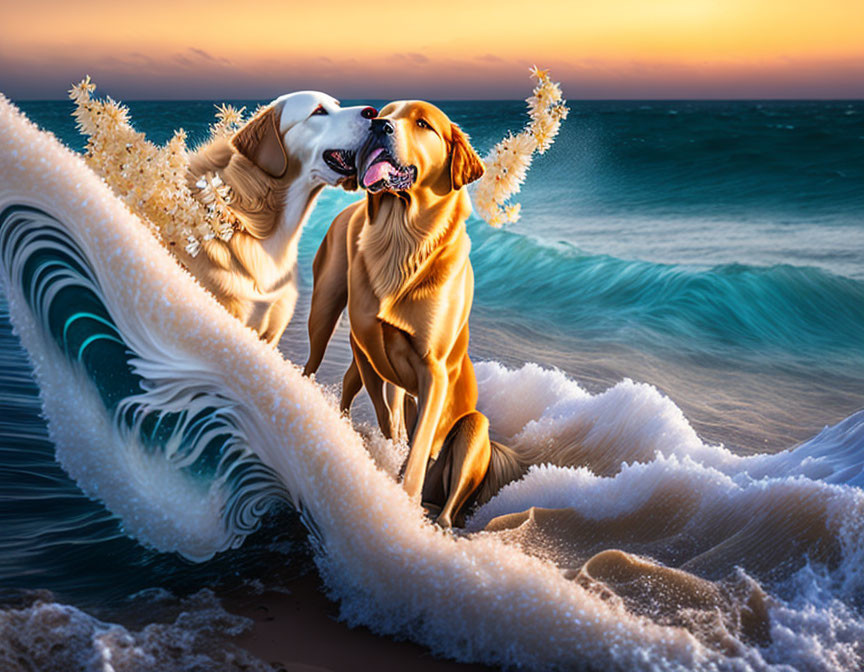 Two dogs with flower garlands playing on a beach with colorful sky