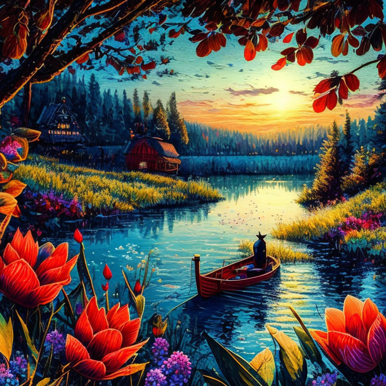 Scenic painting of person rowing boat on river at sunset