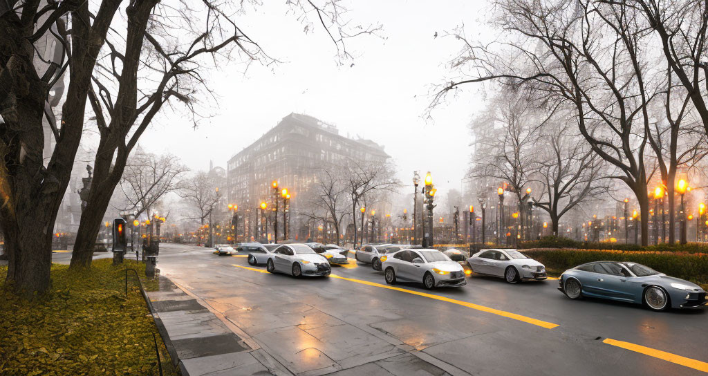 Foggy city street at dusk with glowing street lamps and leafless trees