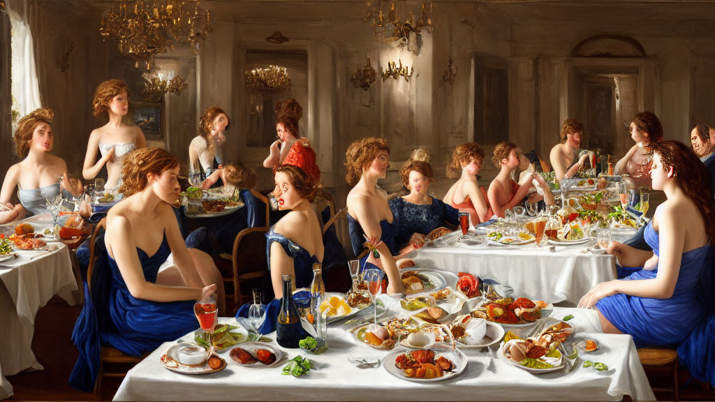 Opulent banquet scene with elegantly dressed figures in blue robes at a lavish table.