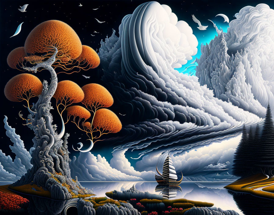 Vibrant orange tree, sailing ship, intricate clouds in surreal landscape