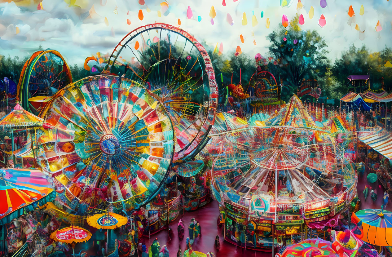 Vibrant amusement park with Ferris wheels and balloons