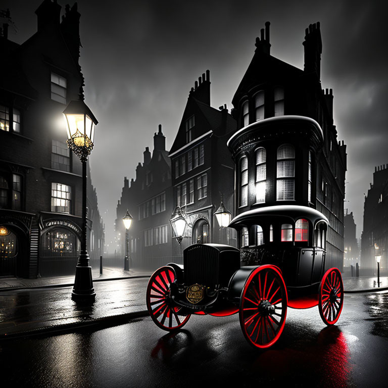 Vintage Car with Red Wheels on Cobblestone Street at Night with Victorian-style Buildings and Street Lamps