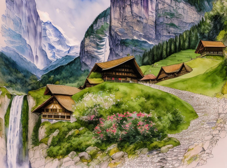 Idyllic mountain landscape with traditional chalets and waterfall