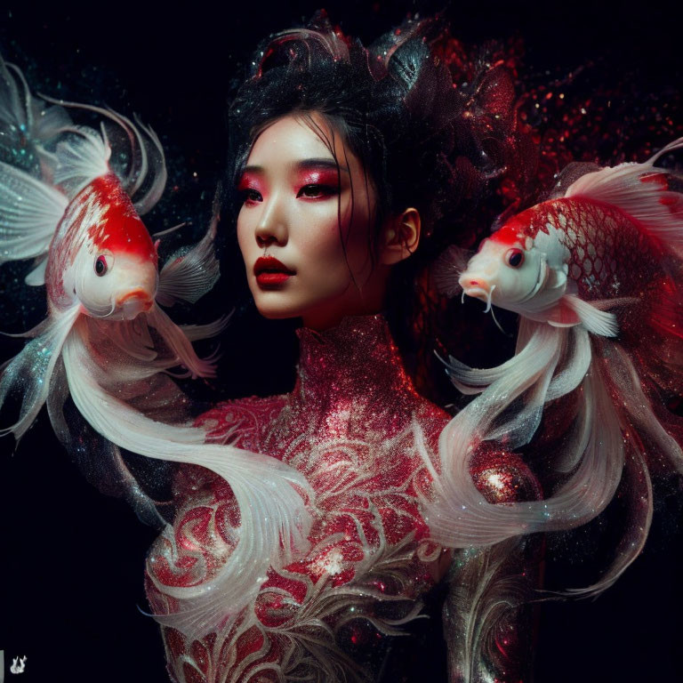 Stylized portrait of a woman with elaborate makeup and goldfish on dark background