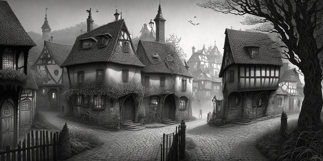 Monochrome illustration of eerie old-time village with cobblestone streets and leafless tree in misty