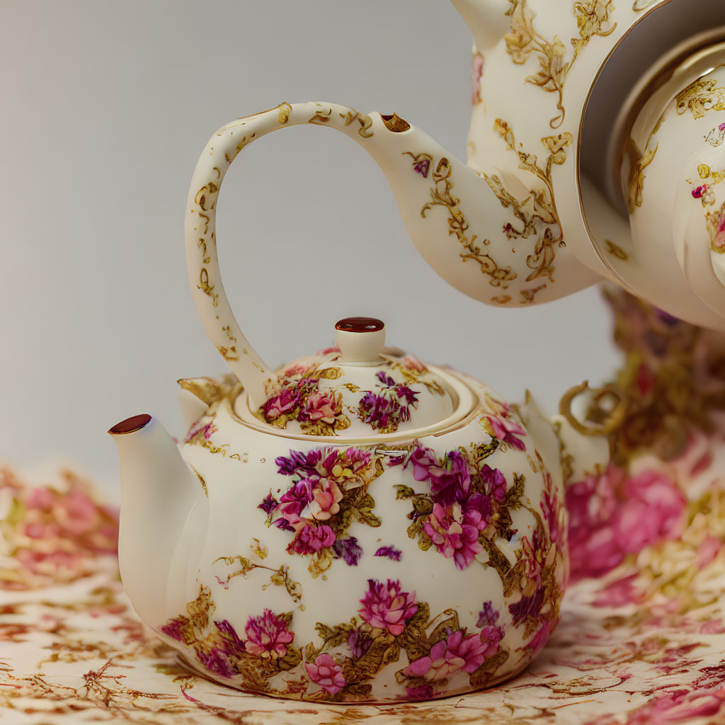 Porcelain Teapot with Gold Accents and Floral Pattern