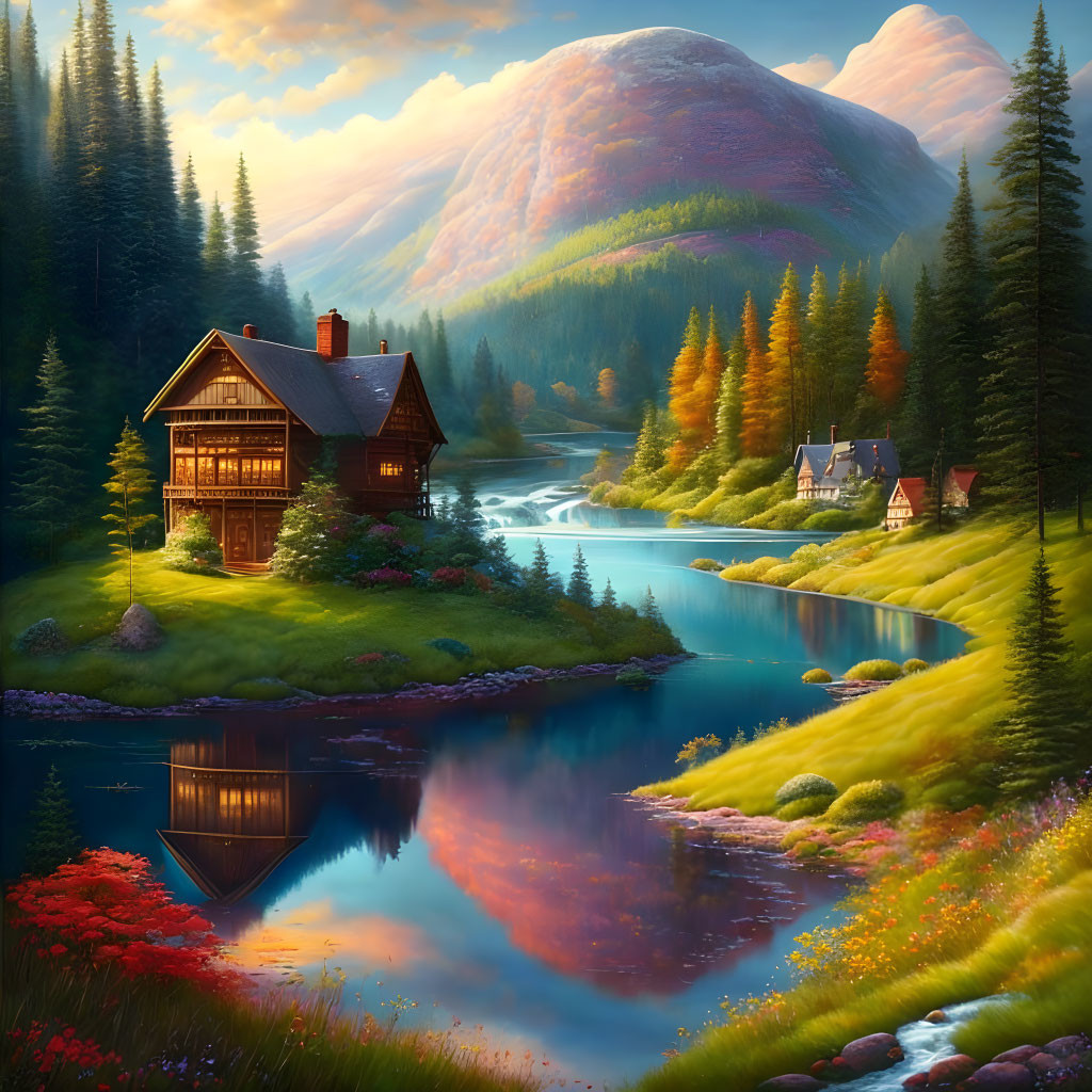 Scenic landscape: wooden cabin, blue lake, lush trees, flowers, mountains