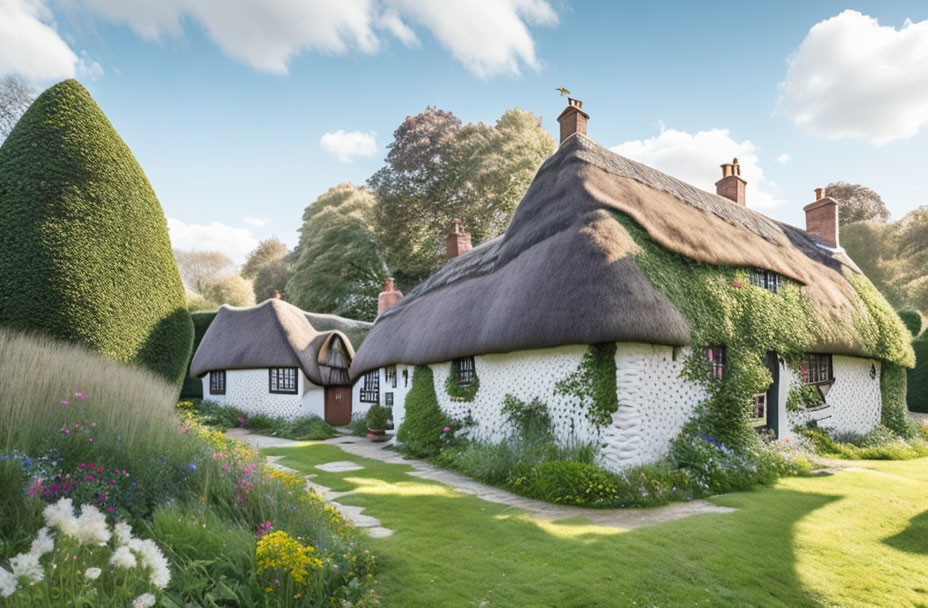 Thatched Cottage Surrounded by Gardens and Topiary