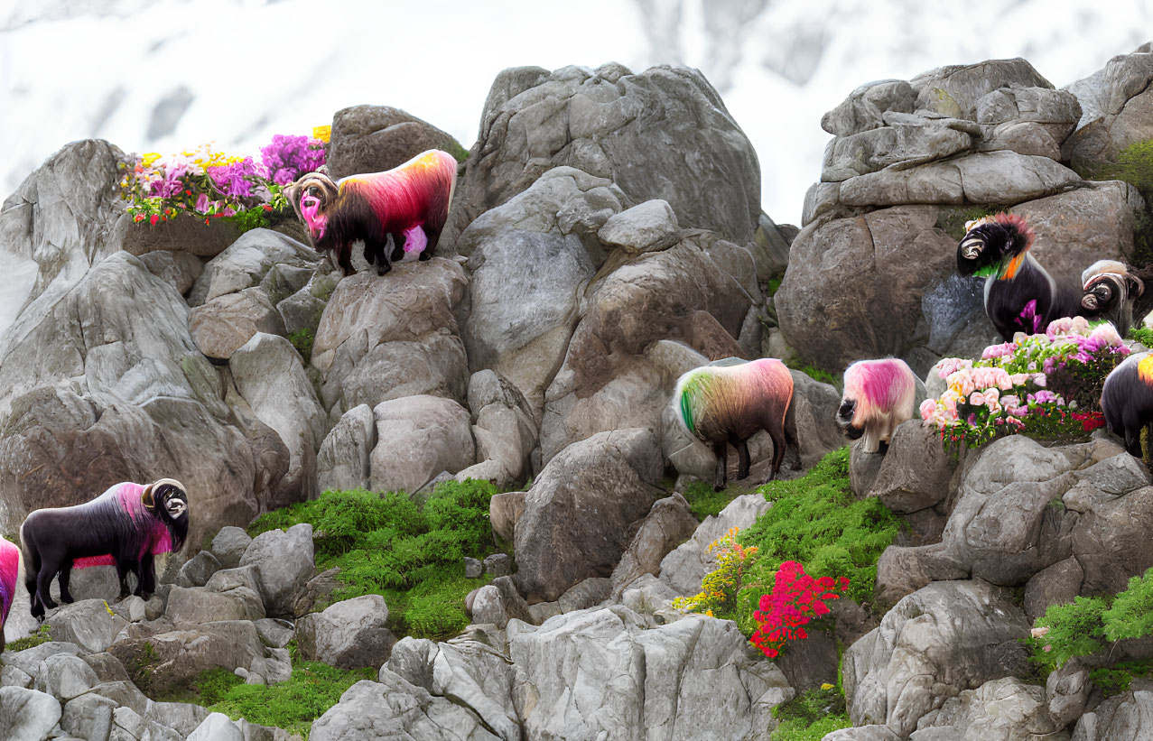 Vibrantly dyed sheep on rocky terrain with pink flowers and snowy mountain.