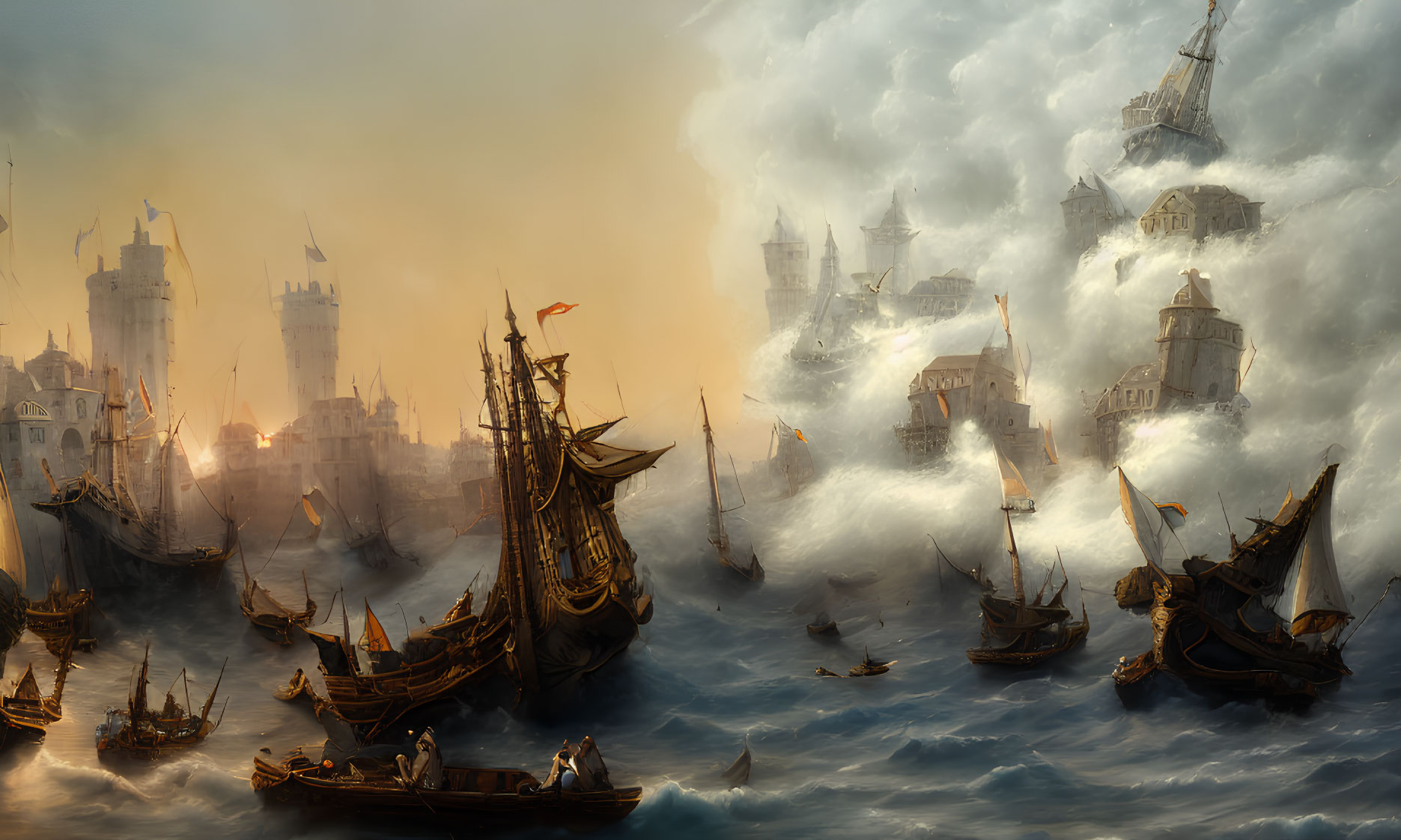 Seascape with ships navigating turbulent waves near fortress towers in misty atmosphere