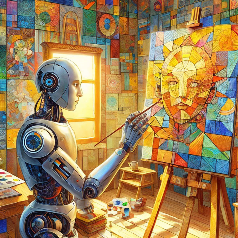 Human-like robot painting colorful cubist sun artwork in stained-glass room