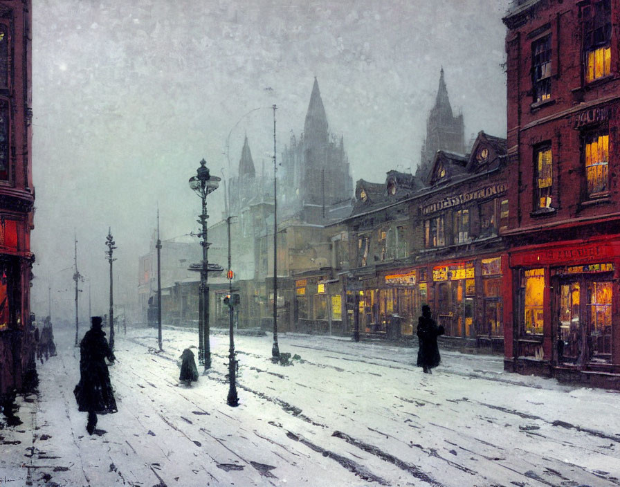 Victorian snowy street scene with period clothing and gas lamps