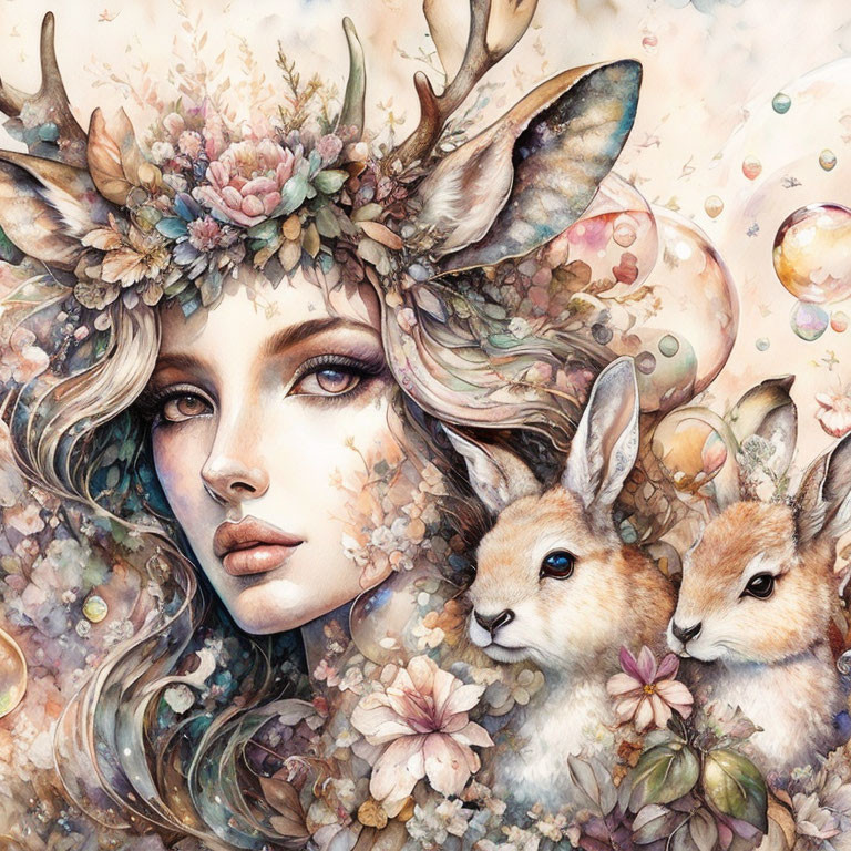 Fantastical portrait of a woman with antlers, flowers, and rabbits in whimsical art style