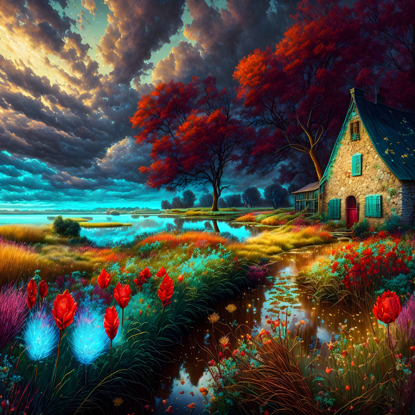 Colorful digital artwork: cottage, lake, flowers, autumn trees, dramatic twilight sky