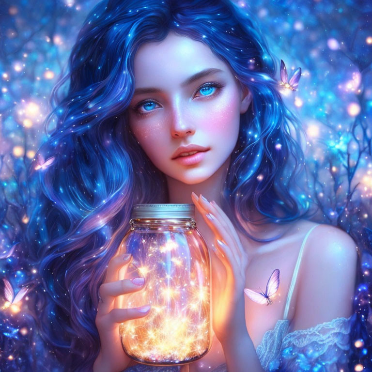 Digital illustration: Woman with blue wavy hair, glowing skin, holding a jar in magical, lum