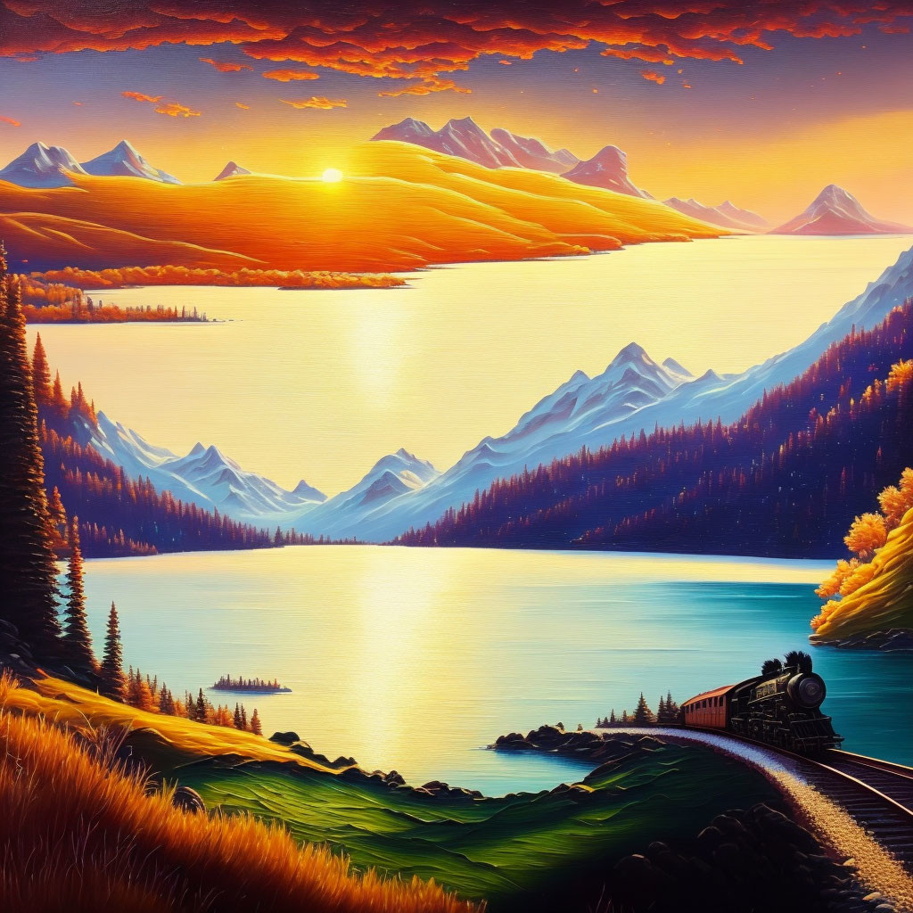 Scenic sunset painting with mountains, lake, trees, and train