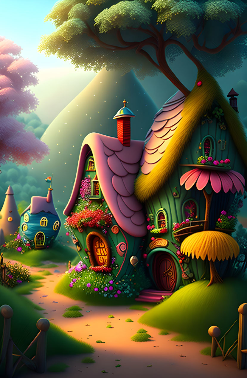 Colorful Fairytale Houses in Magical Forest at Dusk