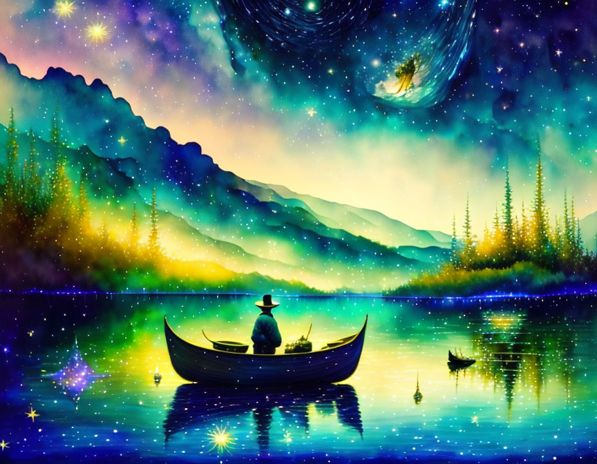 Colorful illustration of person fishing in hat on serene lake with mountains and galaxy.