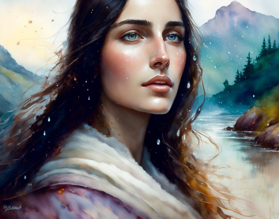 Detailed digital painting: Woman with blue eyes & brown hair, shawl, misty mountains, serene