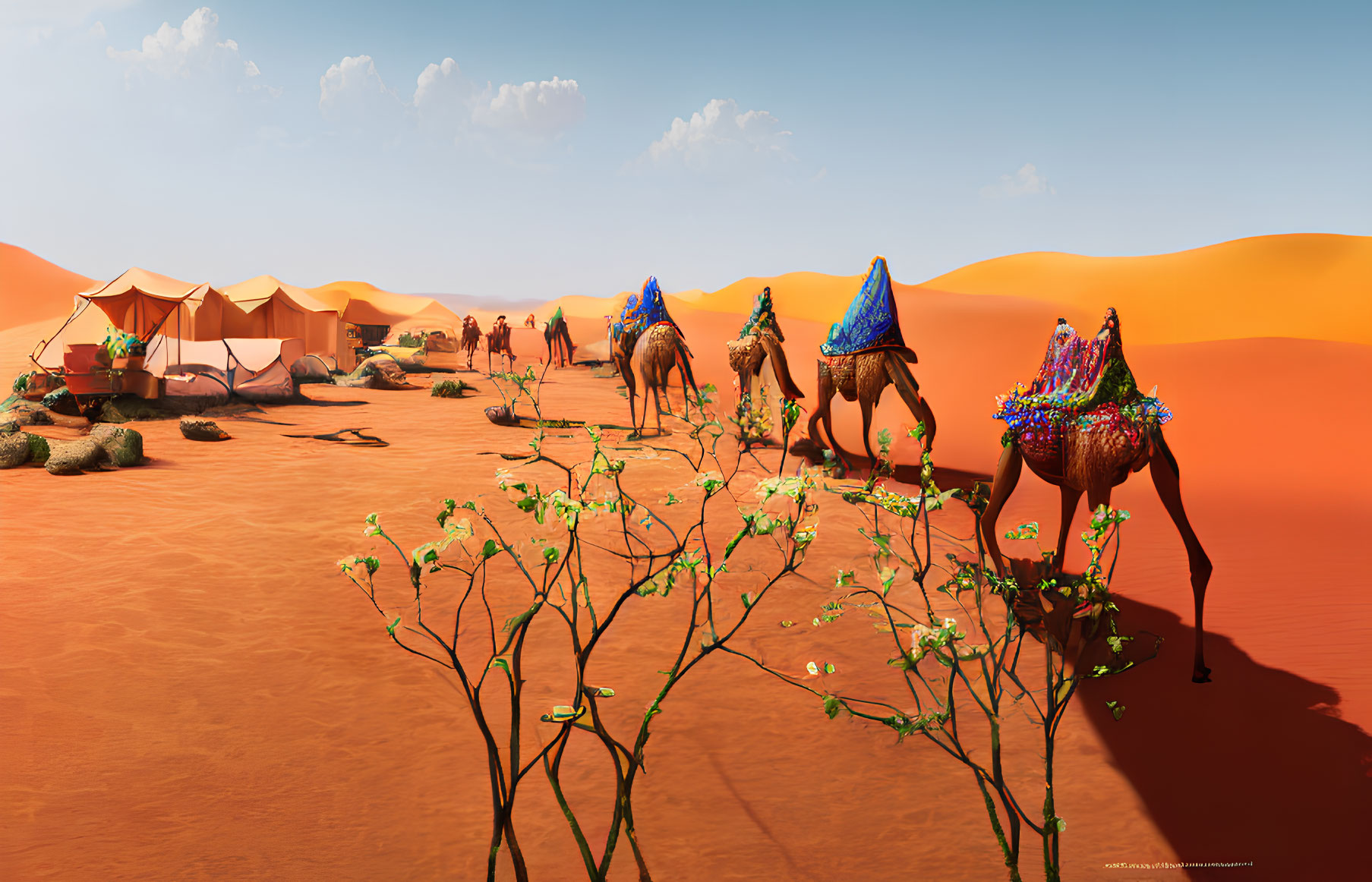 Colorful Camel Caravan Passing Desert Campsite with Tents