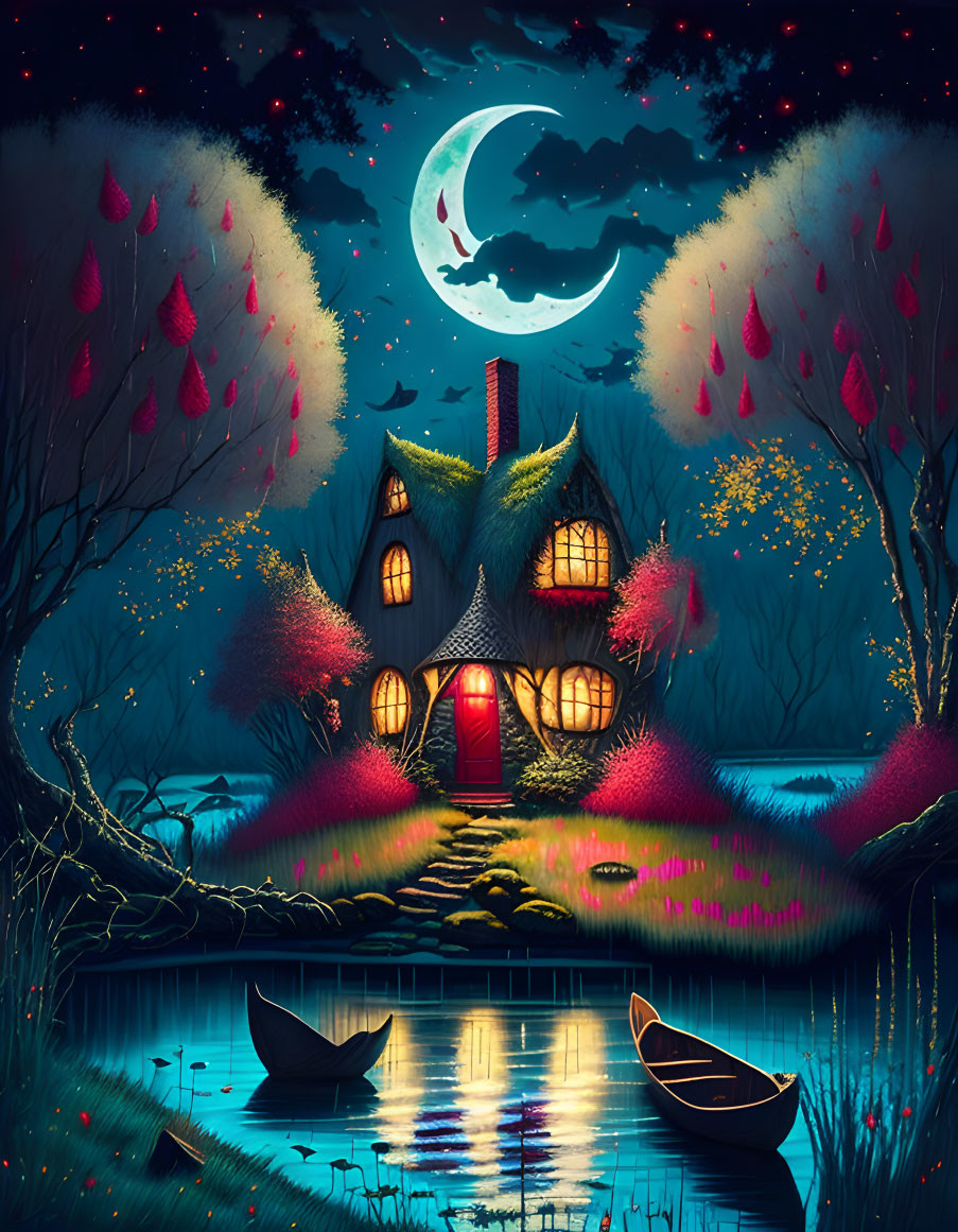 Fantasy night scene with cozy house, vibrant trees, crescent moon, glowing window, and serene