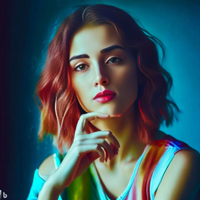 Woman with ombre hair and red lips in thoughtful pose under colorful lighting