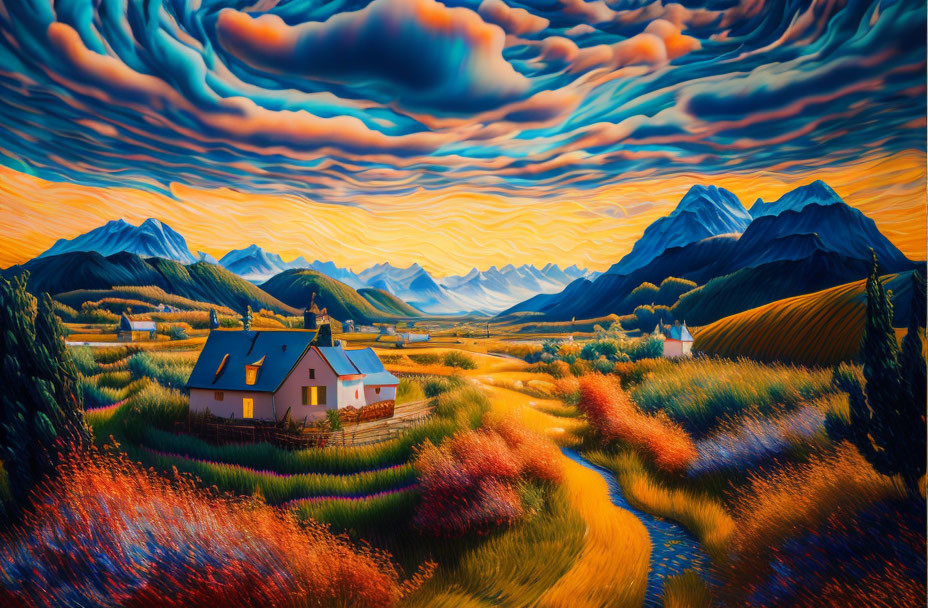 Colorful surreal landscape painting with small house and swirling sky