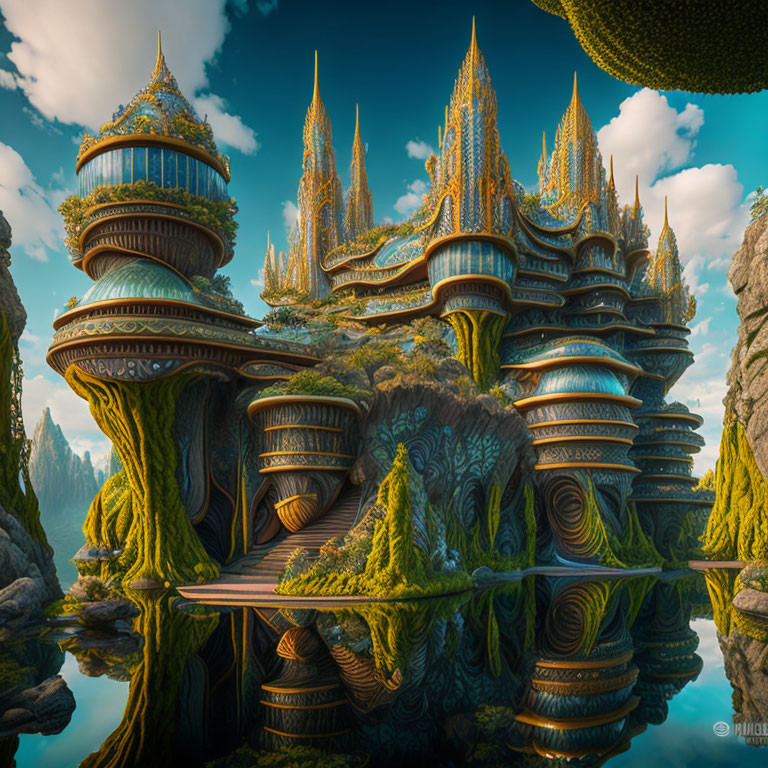 Fantastical landscape with golden-roofed towers on tree trunks and rocks reflected in water.