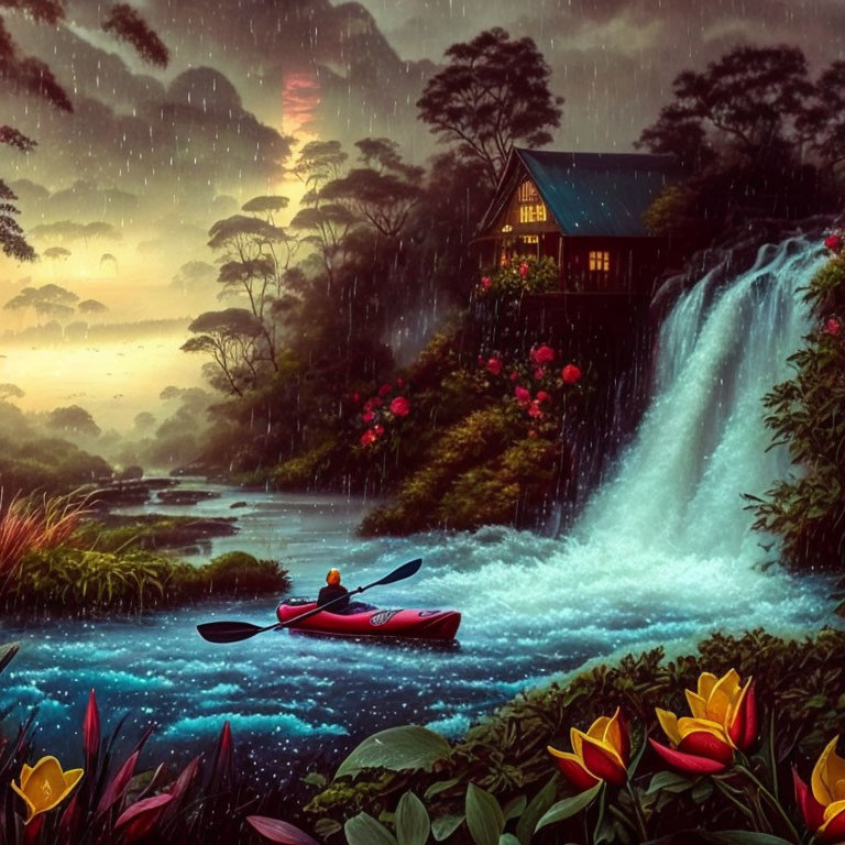 Person kayaking near waterfall by house in lush greenery and flowers at twilight