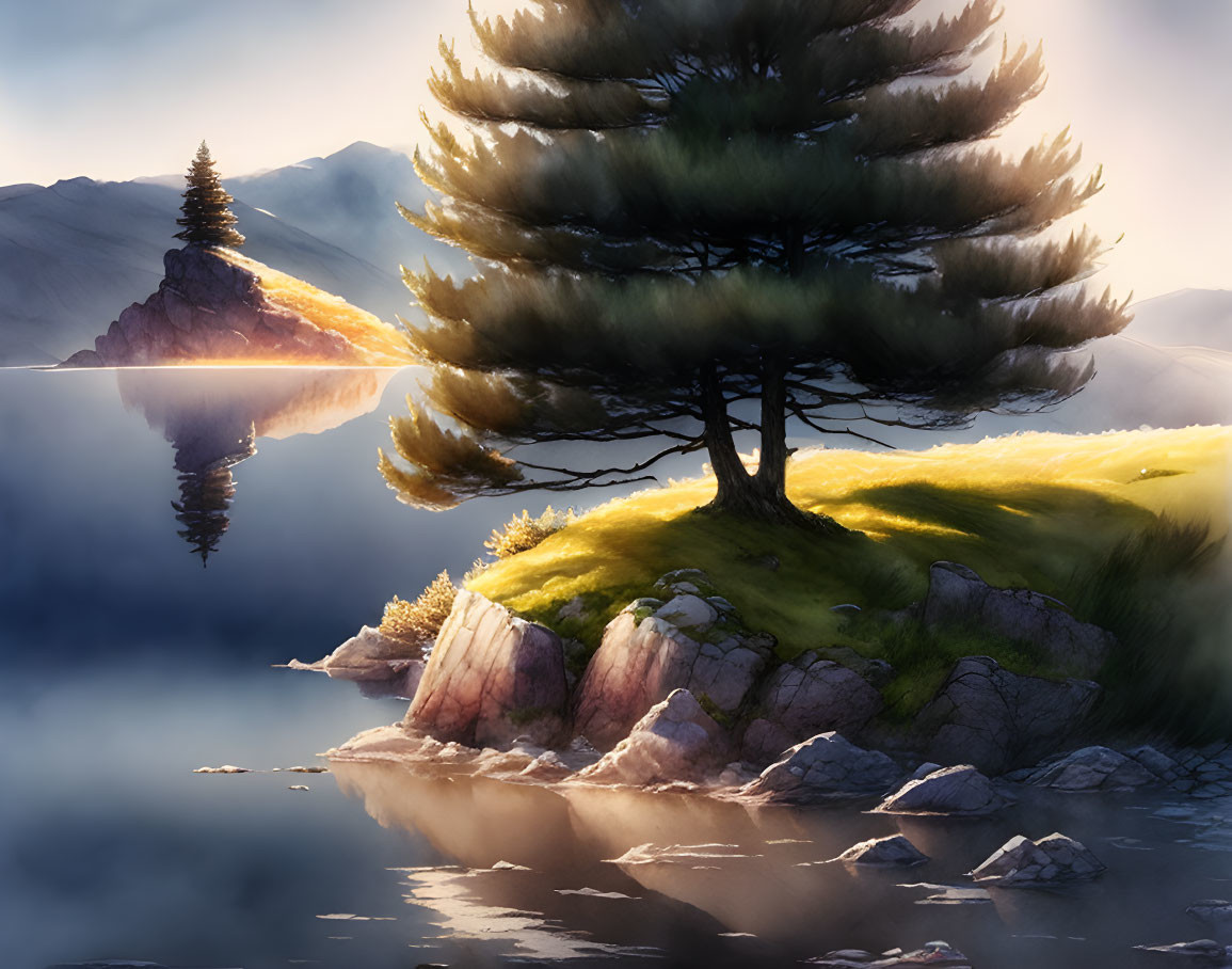 Tranquil landscape with lone tree, lake, mountains, and sunrise