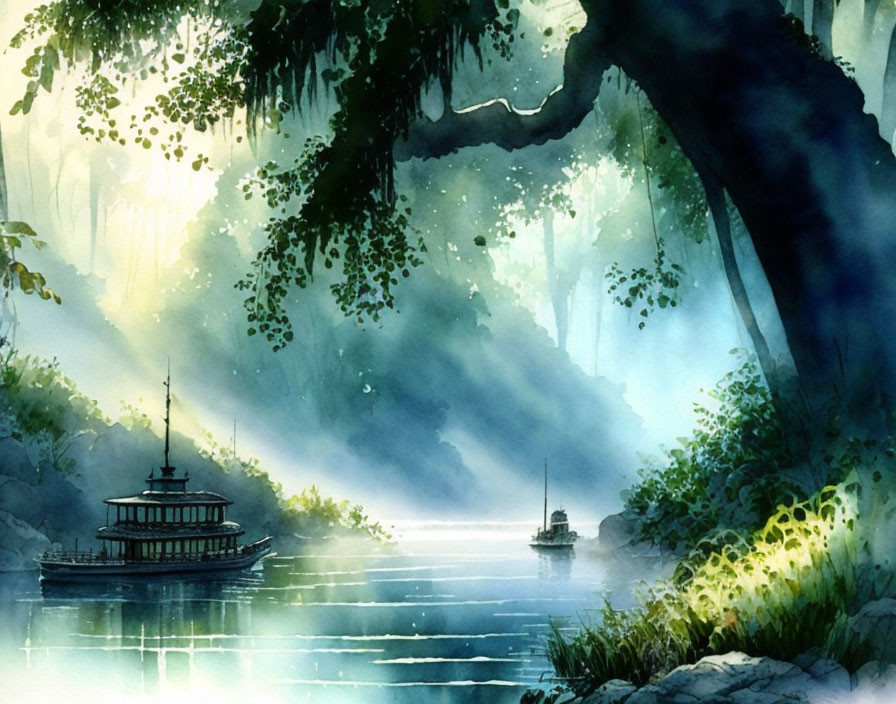 Tranquil river landscape with boats in misty forest.