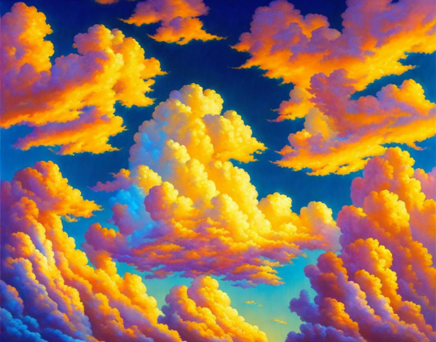 Colorful painting of fluffy golden clouds in a vibrant sky.