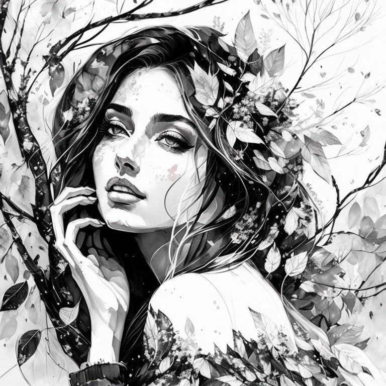 Dreamy Woman Among Leaves in Monochromatic Illustration