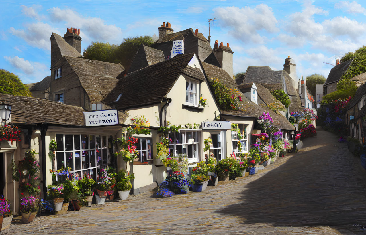 Traditional Buildings and Cobblestone Street with Colorful Flowers