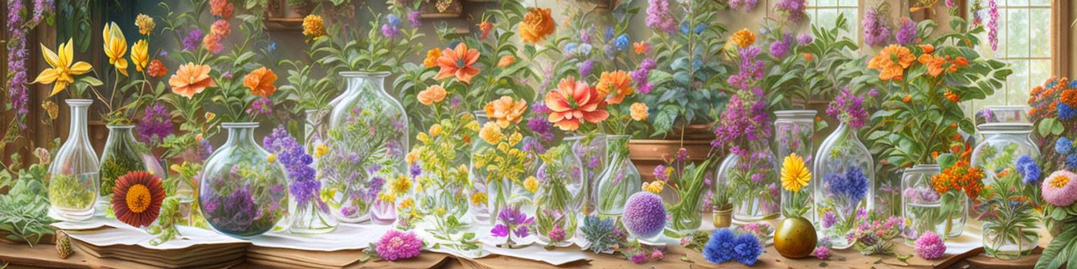 Vibrant flowers in clear vases on wooden surface with open book by garden view