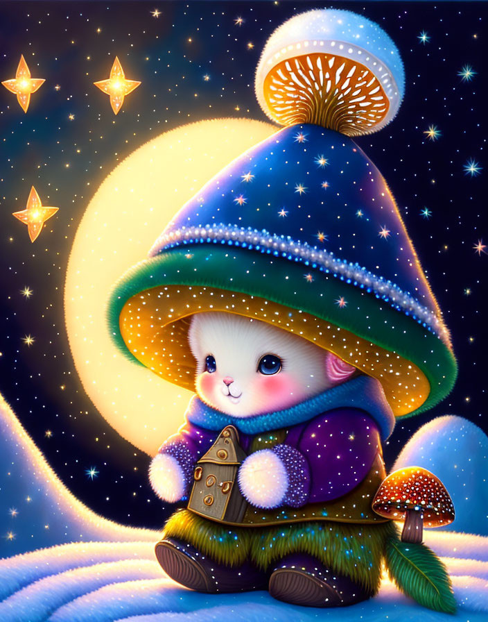 Illustration of cute creature in mushroom cap on whimsical night background