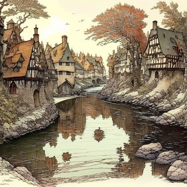 Medieval village with timber-framed houses by river and autumn trees