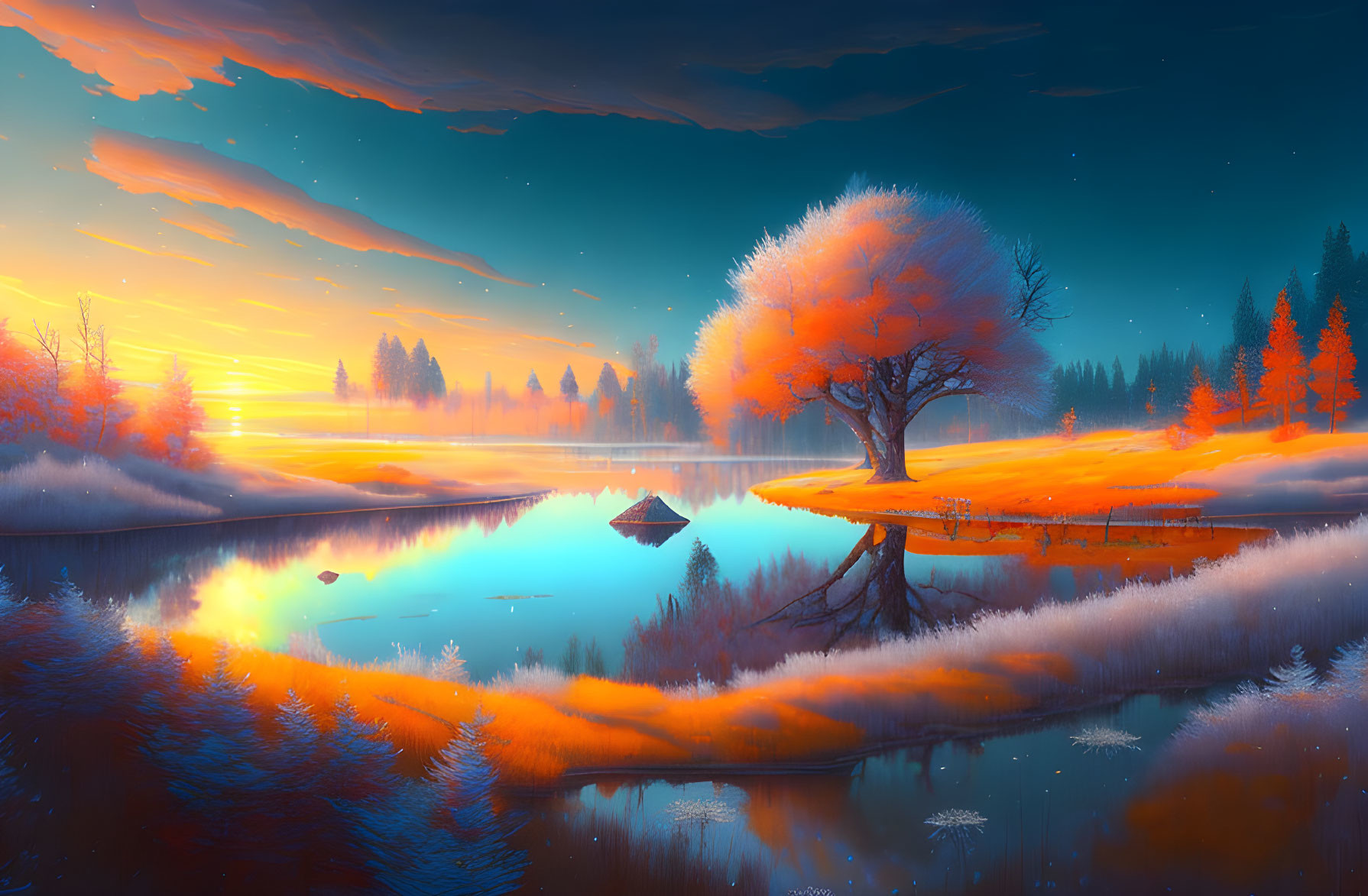 Tranquil lake scene with fiery tree and dusk sky