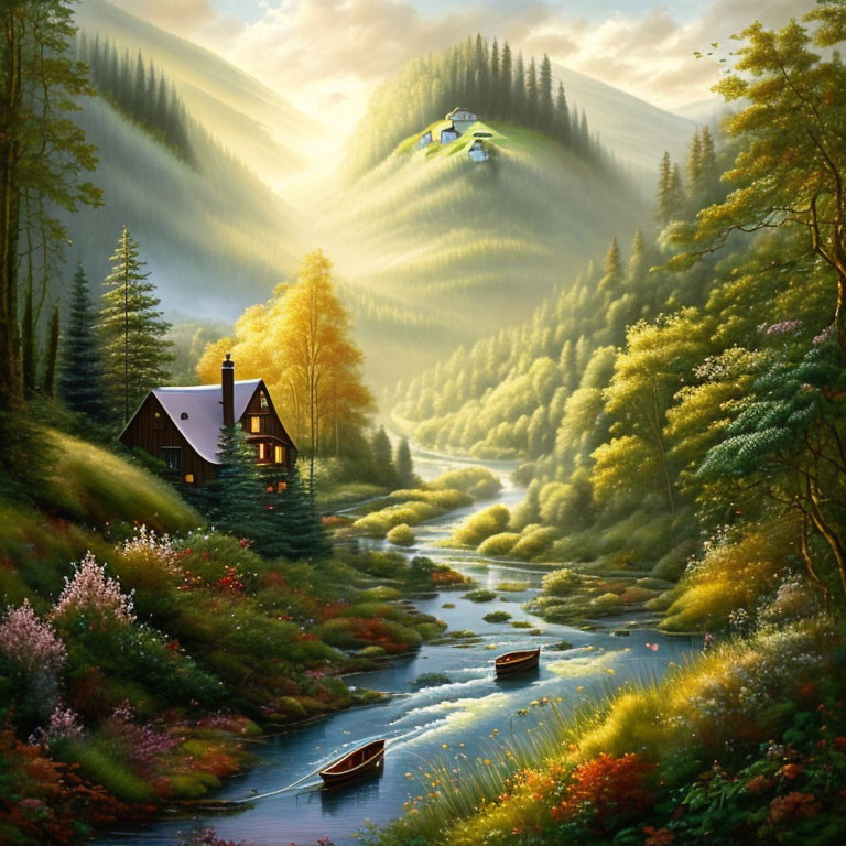 Tranquil landscape with stream, boats, cabin, lush trees, rolling hills, and sunlight rays