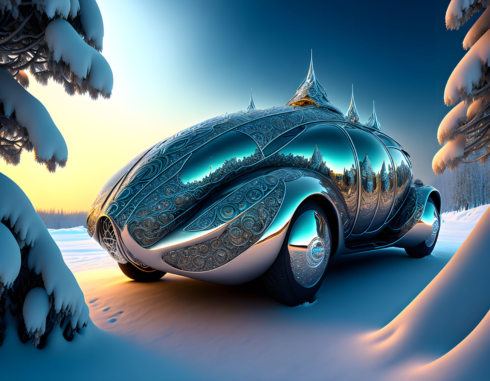 Ornate futuristic vehicle in snow-covered twilight