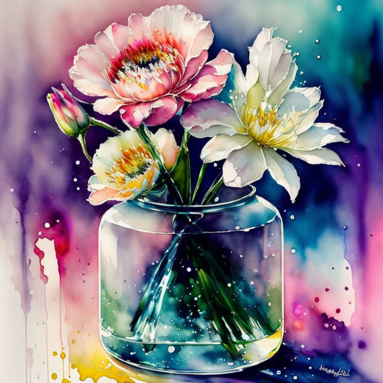 Colorful Watercolor Painting of White and Pink Peonies in Transparent Jar