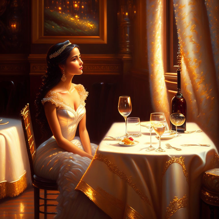 Woman in elegant gown at dining table in opulent setting