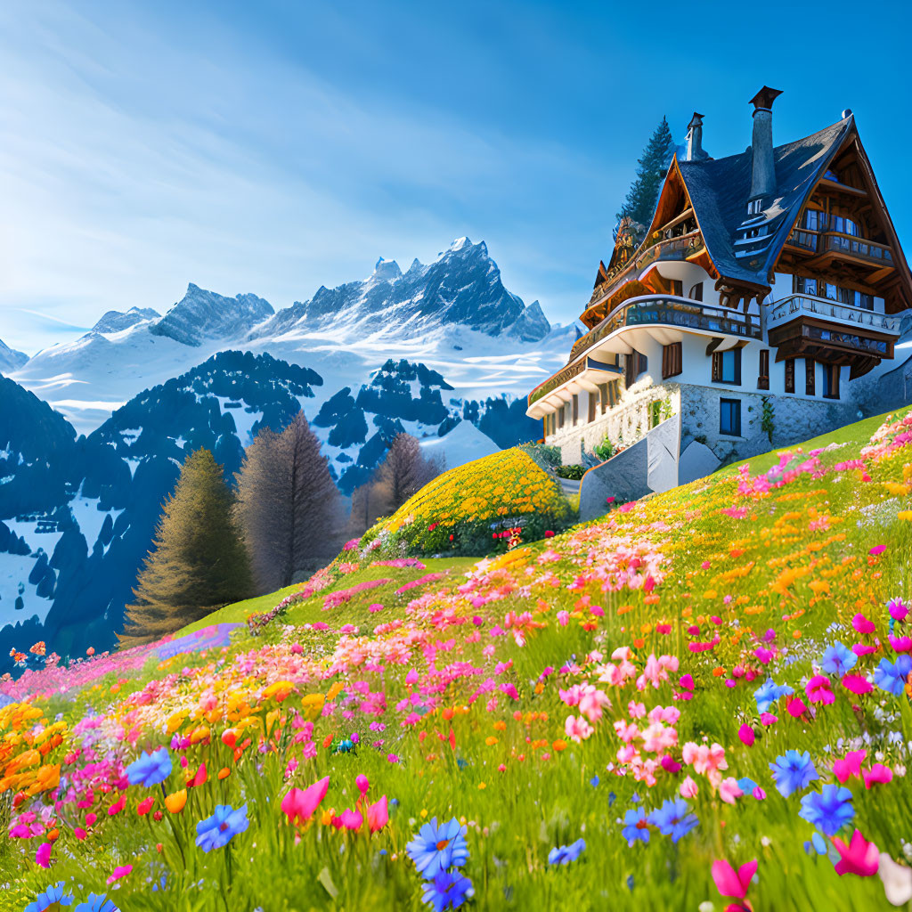 Scenic alpine chalet with wildflowers, snow-capped mountains, and blue sky