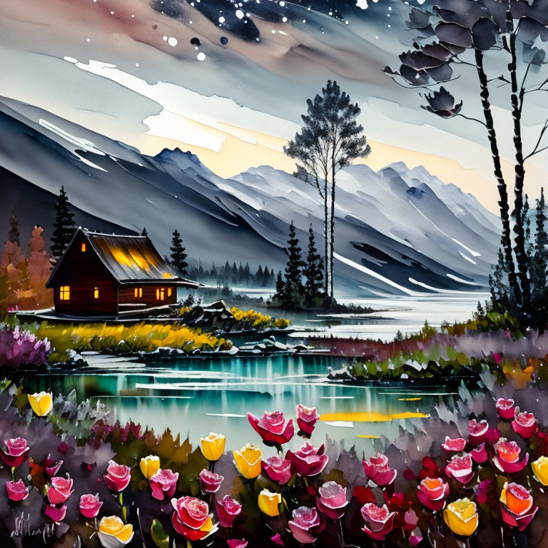 Scenic painting of cozy cabin by lake, mountains, twilight sky, and colorful roses