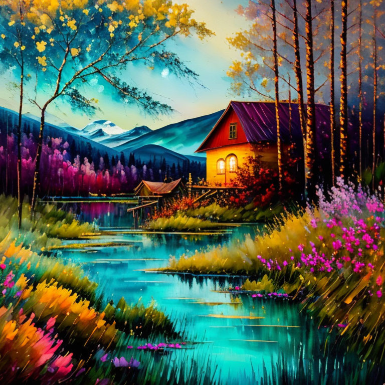 Scenic lakeside house painting with forest, mountains, and dusk sky